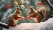 Two squirrels scurry up a snowy tree, engaging in a playful tug-of-war with a shimmering Christmas ornament.