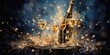 Several glasses and a bottle of champagne, New Year's Eve celebrations, illustration, card background