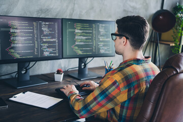 Wall Mural - Rear back view photo of remote worker man focused on creating perfect data analysis automatic bot code sitting armchair at home office