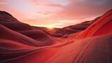 Fototapeta Fototapety z naturą -  the sun is setting in the distance over a desert landscape with red sand dunes and sand dunes in the foreground, and a red and orange sky in the background.