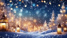 Christmas Background With Lanterns In Snow And Glowing Lights
