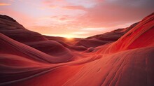  The Sun Is Setting In The Distance Over A Desert Landscape With Red Sand Dunes And Sand Dunes In The Foreground, And A Red And Orange Sky In The Background.