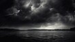  a black and white photo of a storm over a body of water with a boat in the water and a lot of dark clouds in the sky above the water.