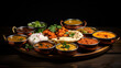 Assorted indian food on wood table, black background.