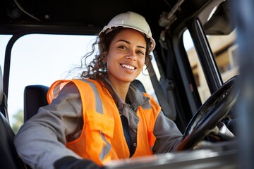 Female Construction Worker Driving a Truck at Work Site”