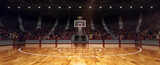 View of sport field, basketball playground, court with indoor spotlights for game, competition. Stages full of fans. 3D rendering illustration.