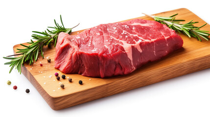 Raw steak of meat, slice of fresh raw beef isolated on white background with clipping path. Full Depth of field. Focus stacking.