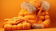  an orange jacket with a fur lined hood and a blanket on top of it, sitting on a yellow surface, with a pair of shoes in the foreground.