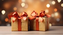  Two Gold Gift Boxes With Red Bows On A Wooden Table In Front Of A Blurry Background With Boke Of Lights In The Corner Of The Image And A Gold Gift Box With A Red Ribbon.