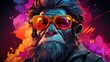  a close up of a person wearing sunglasses and a beard with a monkey on it's head and a splash of paint on the back of the image in the background.