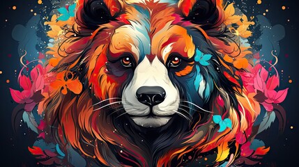 Wall Mural -  a close up of a dog's face on a black background with colorful flowers and butterflies around the dog's head and the dog's face is painted in bright colors 