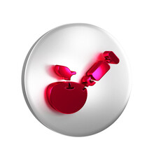 Sticker - Red Genetically modified apple icon isolated on transparent background. GMO fruit. Syringe being injected to apple. Silver circle button.