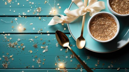 two mugs of hot chocolate with a bow on a blue plate with spoons and a bow on a blue wooden table wi