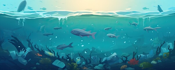 Garbage instead of fish in the sea. Plastic and pollution in oceans concept. AI generated illustration