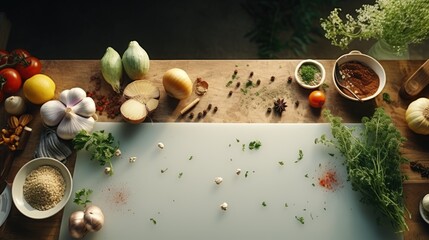 Wall Mural -  a cutting board topped with lots of veggies next to a cutting board with spices and seasonings on top of it next to a cutting board with a knife.