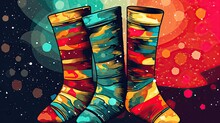  A Pair Of Colorful Socks Sitting On Top Of A Table Next To A Painting Of A Space Filled With Stars And A Bright Red And Yellow Light Behind It Is A Black Background.