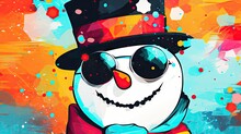  A Painting Of A Snowman Wearing A Top Hat, Sunglasses And A Bow Tie With A Splashy Background Of Orange, Blue, Pink, Yellow, And Red.