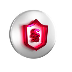 Poster - Red Justice law in shield icon isolated on transparent background. Silver circle button.