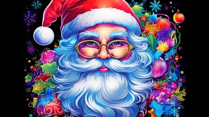 Wall Mural -  a close up of a santa clause wearing glasses and a santa hat on a black background with snowflakes and christmas baubs all around the edge of the frame.