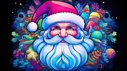 Wall Mural -  a close up of a santa claus face wearing a santa claus hat and surrounded by christmas decorations and baubles on a black background with stars and snowflakes.