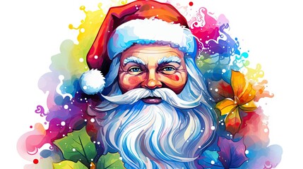 Wall Mural -  a close up of a santa claus face wearing a santa hat and holding a holly berry with a splash of paint on the side of his face and on a white background.