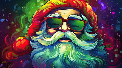 Wall Mural -  a painting of a bearded man wearing sunglasses and a santa hat with a beard and a beard ring in the center of the painting is a multi - colored background.