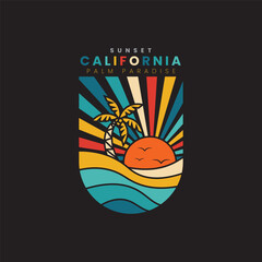 Retro vintage California sunset beach logo badges on black background graphics for t-shirts and other print production. 70s-style concept. Vector illustration for design.