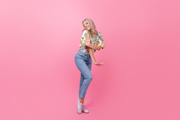 Wall Mural - Full body length photo of listening new album the weekend artist dancing young girl favorite concert isolated on pink color background