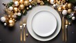  a white plate with a gold rim surrounded by gold and white ornaments and gold forks and knives and a white plate with a white plate with a gold rim on a black background.