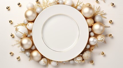 Wall Mural -  a white plate sitting on top of a white plate surrounded by gold and silver christmas ornaments on top of a white plate on top of a white table with a gold border.