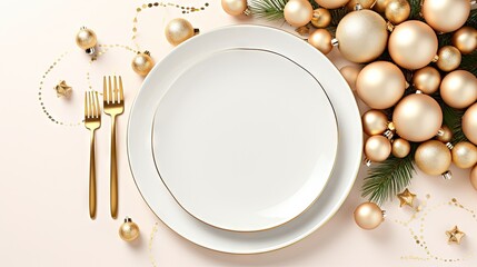 Wall Mural -  a white plate sitting on top of a white plate next to a fork and a knife and a christmas ornament on top of a pink background with gold ornaments.