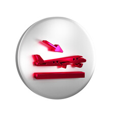 Wall Mural - Red Plane landing icon isolated on transparent background. Airplane transport symbol. Silver circle button.