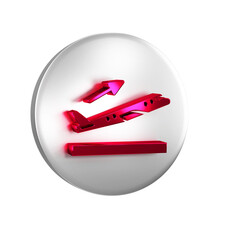 Wall Mural - Red Plane takeoff icon isolated on transparent background. Airplane transport symbol. Silver circle button.