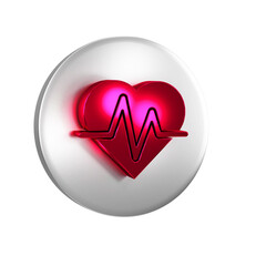 Wall Mural - Red Heart rate icon isolated on transparent background. Heartbeat sign. Heart pulse icon. Cardiogram icon. Silver circle button.