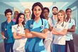 Portrait, medical and a woman nurse arms crossed, standing with her team in the hospital for healthcare, AI Generated