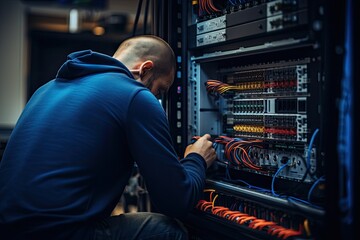 Sticker - Technician repairing server in datacenter server room. Network infrastructure, rear view of An IT Engineer close-up shot of fixing a server problem, AI Generated