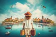 Young woman traveler with vintage suitcase on the beach. Travel concept, rear view of Happy travel woman on vacation concept, AI Generated