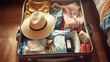 © IndigoElf - Process of packing a suitcase for a vacation. Stacked clothes in suitcase, going on vacation. Creative concept of vacation, time to rest.