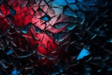 Wall Mural - Close-up photo texture of blue and red toned broken and cracked glass on black backdrop. Generative AI