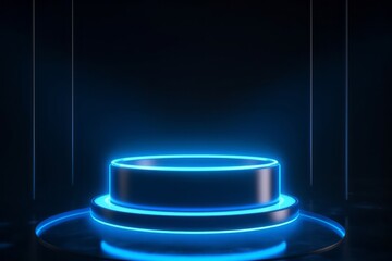 Wall Mural - empty blue podium floating in the air with blue neon ring on background. generative ai