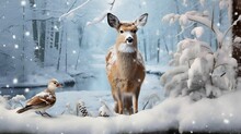 AI Generated Illustration Of A Wildlife Scene Featuring A Deer With Ducklings Standing In The Snow