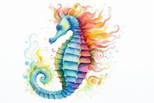 Rainbow Seahorse On White Background Watercolor