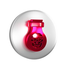 Sticker - Red Poison in bottle icon isolated on transparent background. Bottle of poison or poisonous chemical toxin. Silver circle button.