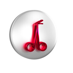 Sticker - Red Medical scissors icon isolated on transparent background. Silver circle button.