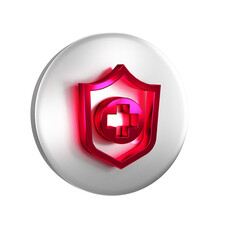 Poster - Red Life insurance in hand icon isolated on transparent background. Security, safety, protection, protect concept. Silver circle button.