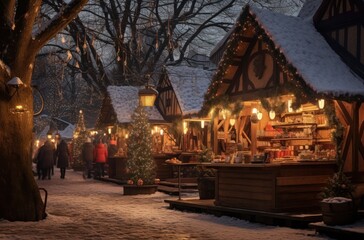 winter market at night near a tree