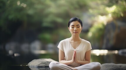 Wall Mural - A serene Asian woman finding inner peace as she meditates in the tranquil waters.