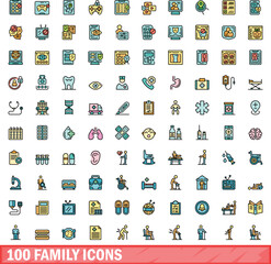 Sticker - 100 family icons set. Color line set of family vector icons thin line color flat on white