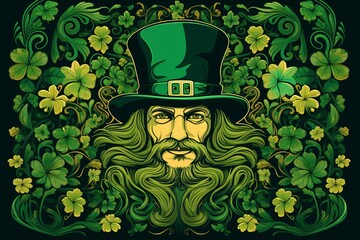 Wall Mural - Illustration of leprechaun with green leaves ornament background, St. Patrick's day concept, banner card wallpaper 