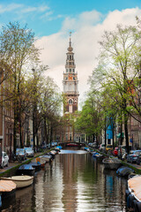 Sticker - South Church Zuiderkerk bell tower over canal in Amsterdam, Netherlands